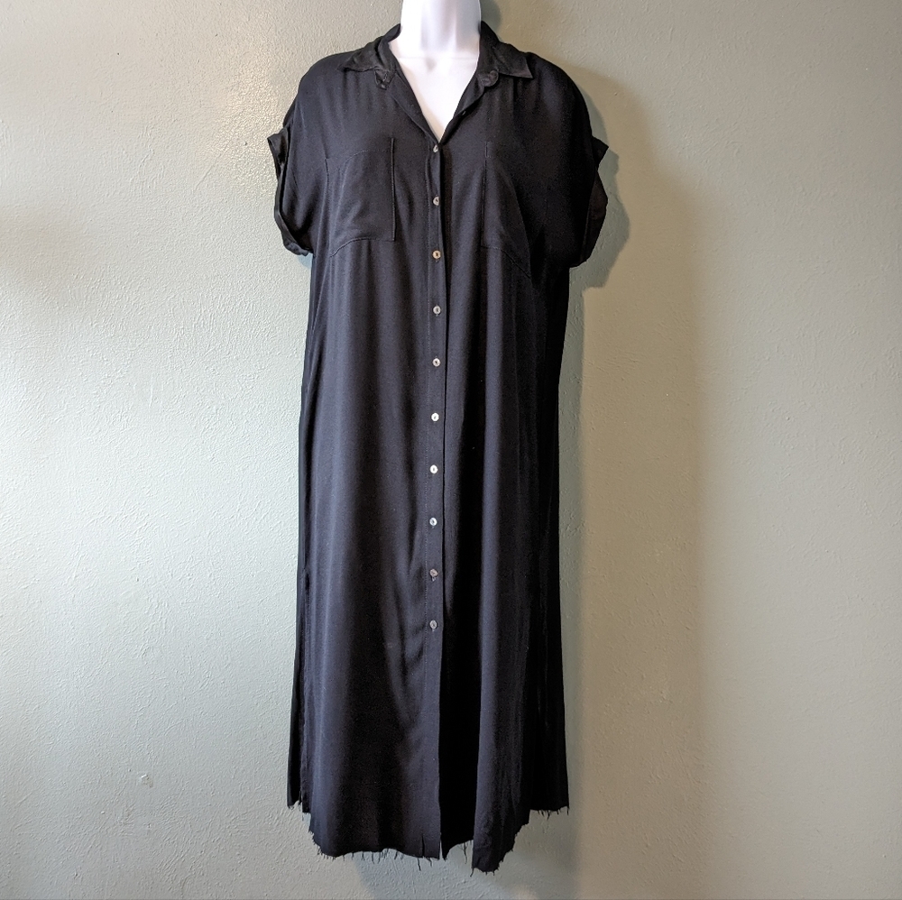 Pampelone Black Button Up Maxi Shirt Dress Raw Hem Satin Trim Size XS